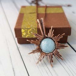 Star necklace with Aquamarine bead. Wire wrapped copper pendant with natural Aquamarine.