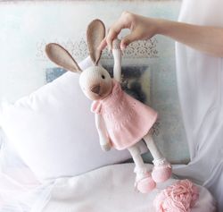 Soft Rabbit doll in dress, Bunny stuffed animal toy, Woodland nursery decorative doll, Companion toy for toddlers
