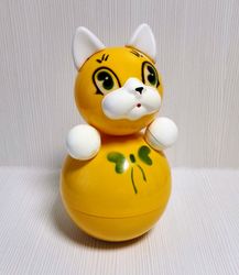 Vintage Soviet Yellow Cat Toy Roly Poly. Musical Nevalyashka USSR