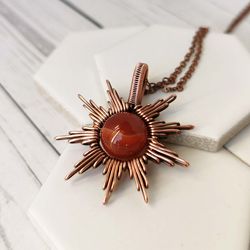 Wire wrapped copper pendant with natural Carnelian. Star necklace with Carnelian bead.