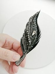 Black bird feather beaded brooch as gift for women or man