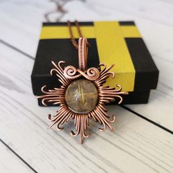 Wire wrapped copper necklace with natural Rutilated Quartz. Sun pendant with Rutilated Quartz bead.