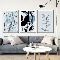 Leaves Poster Drawing, Set of 3 Wall Art Digital Prints, Blue And Black Artwork, Leaf Line Art Plants Botanical Painting