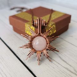 Wire wrapped copper pendant with natural Rose Quartz. Star necklace with Rose Quartz bead.
