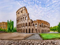 Colosseum original watercolor painting Coliseum Rome cityscape Italy artwork Italian architecture wall art
