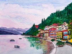 Lake Como original watercolor painting Varenna village Italy painting Italian landscape sunset artwork seascape wall art