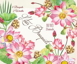 Lotus Clipart Flowers Watercolor Bouquets and Wreaths. Instant download Clip art