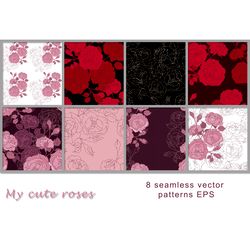 8 Vector floral seamless patterns of roses, EPS