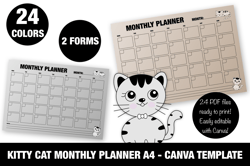 Kitty cat monthly planner A4 - Canva template