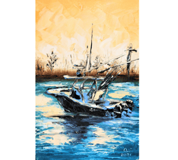 Boat Painting Seascape Original Artwork Oil Painting 12 by 8 inch by Oksana Stepanova