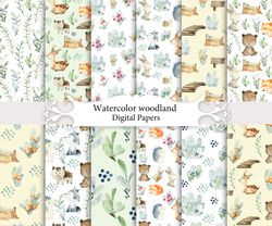 Watercolor woodland animals, seamless patterns.