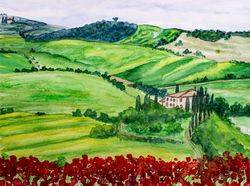 Tuscany vineyards original watercolor painting italian nature landscape wall art farmhouse wine country artwork