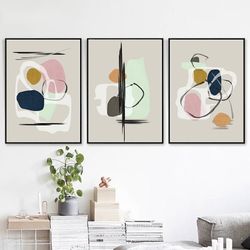 Abstract Geometric, Modern Home Decor, 3 Piece Wall Art, Geometric Poster, Pastel Art, Set Of 3 Prints, Downloadable Art