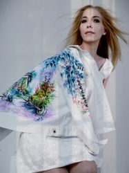 White denim jacket women, girl fabric painted clothes, summer cottagecore print, designer jacket custom, wearable art
