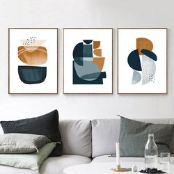 Wall Art Download, Abstract Set Of 3 Art, Large Prints, Modern Home Decor, Poster Art, Geometric Print, Navy And Yellow