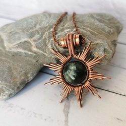 wire wrapped copper necklace with seraphinite bead. sun pendant with seraphinite.