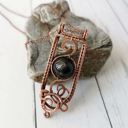 wire wrapped pendant with gold sheen obsidian bead. copper necklace with obsidian.