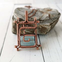 copper necklace with aquamarine. wire wrapped pendant with aquamarine.