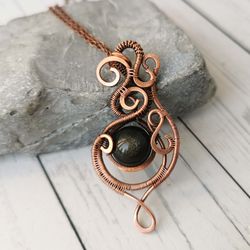 obsidian necklace. wire wrapped copper pendant with gold sheen obsidian bead.