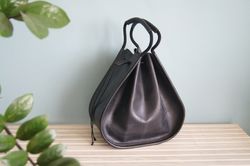 Leather bucket bag Medium size vintage black color Drawstring bag handcrafted