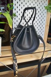 Leather bucket bag Small size vintage black color Drawstring bag handcrafted