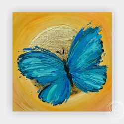 Blue Butterfly Painting Original Art 8 by 8 inches Gold Leaf Artwork Moon Art Insect Painting Blue Turquoise Home Decor