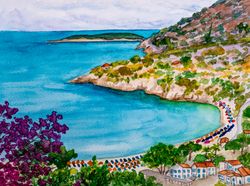 Elba island original watercolor painting Italy coast landscape Tuscany beach artwork Mediterranean island wall art
