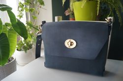 Woman Leather crossbody bag vintage Blue handcrafted