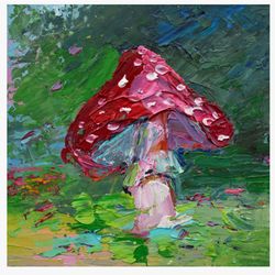 Fly agaric painting small artwork original art Mushroom oil painting 4 by 4 inch