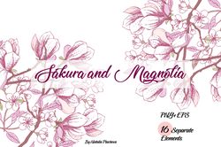 Magnolia and clipart Sakura, wedding clip art, flower, floral,  apple tree. Instant download, clip art