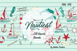 Nautical clipart with Ships, Summer holidays, see, wave,  ocean, water,  marine. Clipart. Instant Download