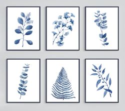 Botanical set of 6 blue prints, Set of 6 printable wall art, Gallery wall set, Instant download