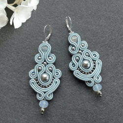 Light Blue Statement earrings, Wedding Bridal earrings, Bohemian Embroidered Chandelier Long Dangle earrings