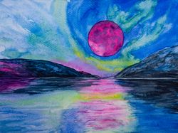 Northern lights original watercolor painting abstract Aurora Borealis artwork moon wall art colorful fairy landscape