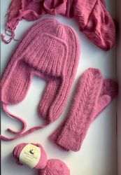 Warm Earflaps Hat & Mittens Set, Hand-knitted Winter angora Hat and Mittens
