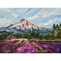 Mountain Painting Lavender Field Original Art Impasto Oil Painting 8 by 6 Mount Hood Landscape Wall Art by AlyonArt