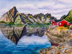 Norway fjord original watercolor painting Lofoten Islands wall art fishing village landscape Scandinavian nature artwork