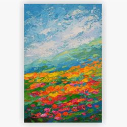 Poppy Painting Mountain Landscape Original Art 8 by 12 inch California poppies Art Wildflower Painting by Juliya JC