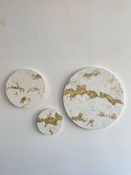 Set of 3 white textured round canvas with gold, abstract circle painting artwork, minimal painting wall art