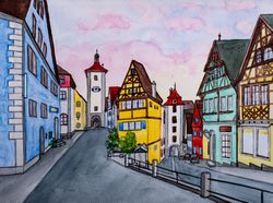 Rothenburg cityscape original watercolor painting Bavaria Germany architecture european city wall art Bavarian artwork