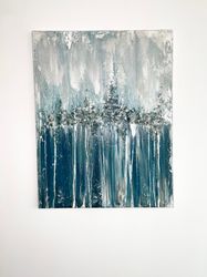 Original fine art  on canvas, blue Textured art in livingroom, mixed media wall art with glass, hand painted
