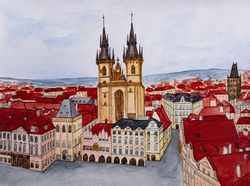 Prague cityscape original watercolor painting Old Town Square artwork Czech architecture wall art