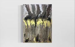 Abstract painting with gold leaf & tempered glass on canvas, mixed media artwork for bedroom in scandinavian style