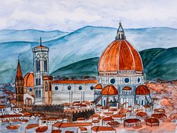 Cathedral of Santa Maria del Fiore original watercolor painting Florence cityscape Italian architecture artwork Italy