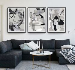 Grey Abstract Print Set Of 3 Prints Abstract Painting Home Wall Art Triptych Digital Download Black Gray Art Large Print