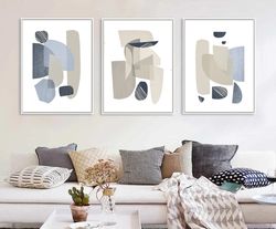 Abstract Geometric Three Prints Digital Download Abstract Painting Beige Wall Art Large Triptych Blue Gray Art Set Of 3