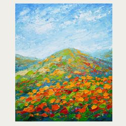 Mountain California poppies Art Landscape Original Art Poppy Painting 10 by 12 inch Wildflower Painting by Juliya JC