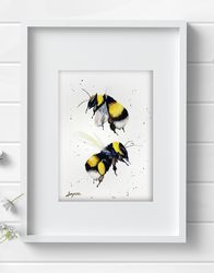 Watercolor new original 2 bumblebee painting wall decor bees insect by Anne Gorywine