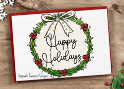 Happy Holidays, Hand Drawn Holly Berry Wreath