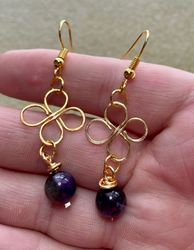 Celtic Knot Earrings Amethyst Beads Gold Enameled Wire Wrapped